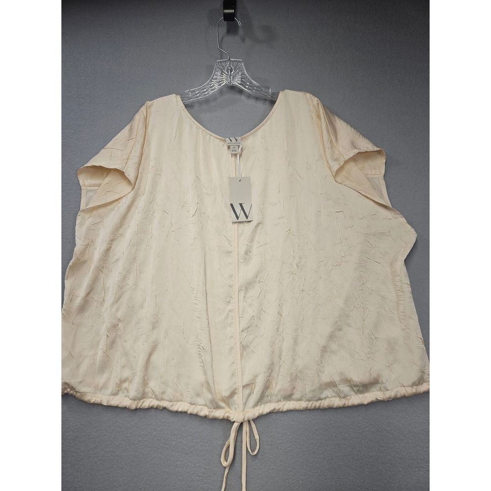 Worthington Womens 2X Cream Textured Drawstring Hem Blouse Short Sleeve New